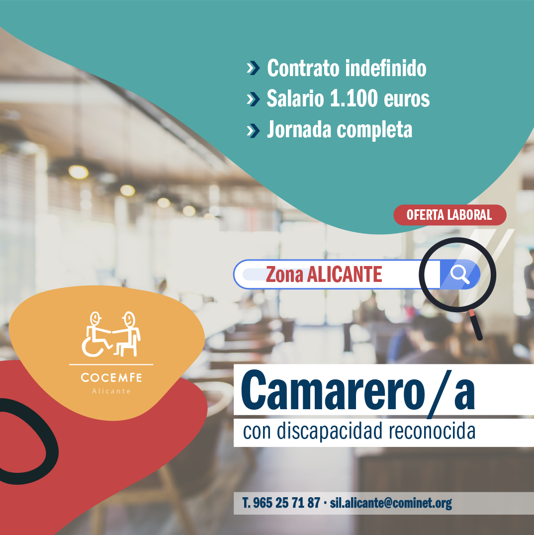 Cartel de búsqueda de empleo donde se buscan camareros/as con discapacidad en Alicante
